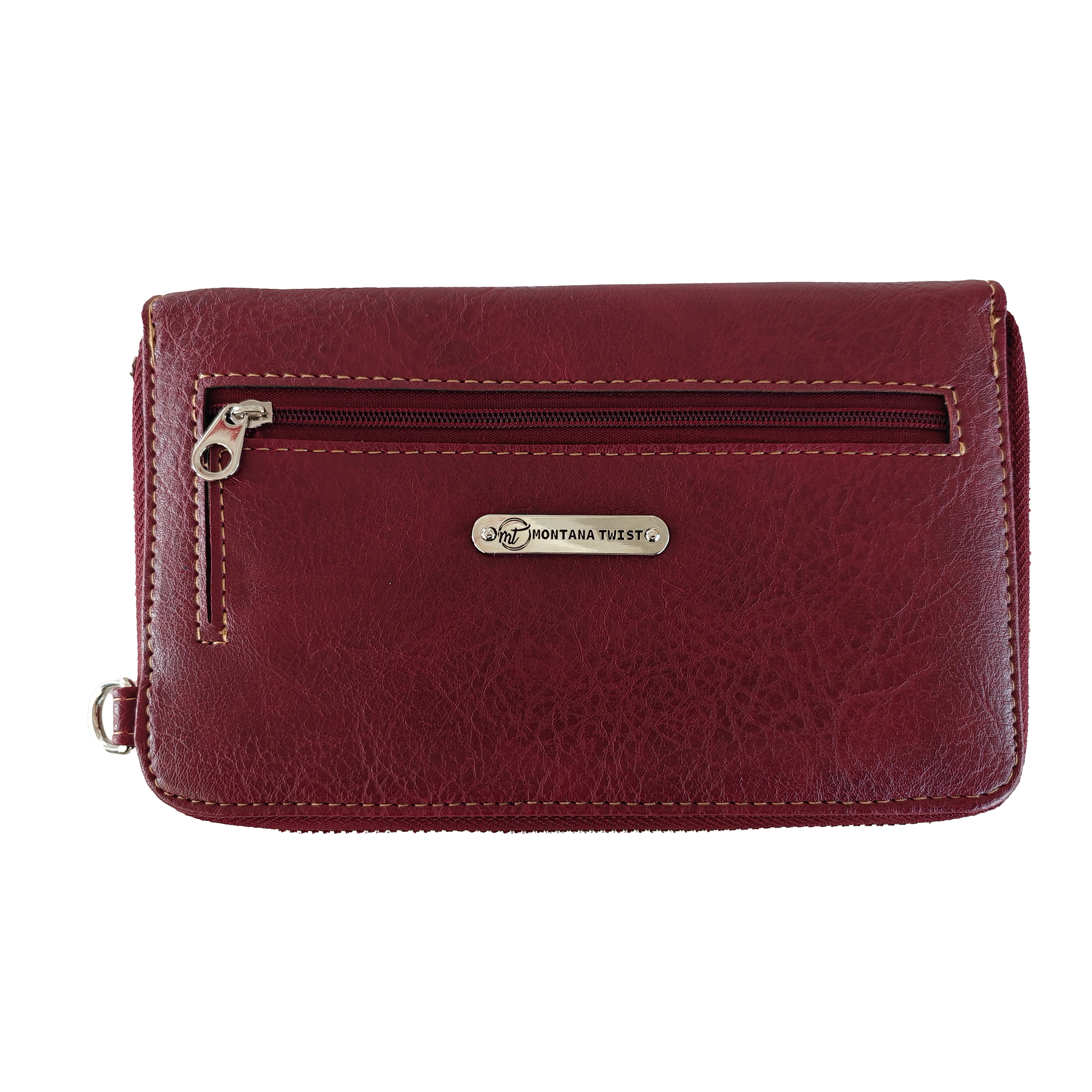 Montana Twist Red Tooled PU Leather Laser-Engraved Embroidery Flower and Concho Crossbody Phone Bag