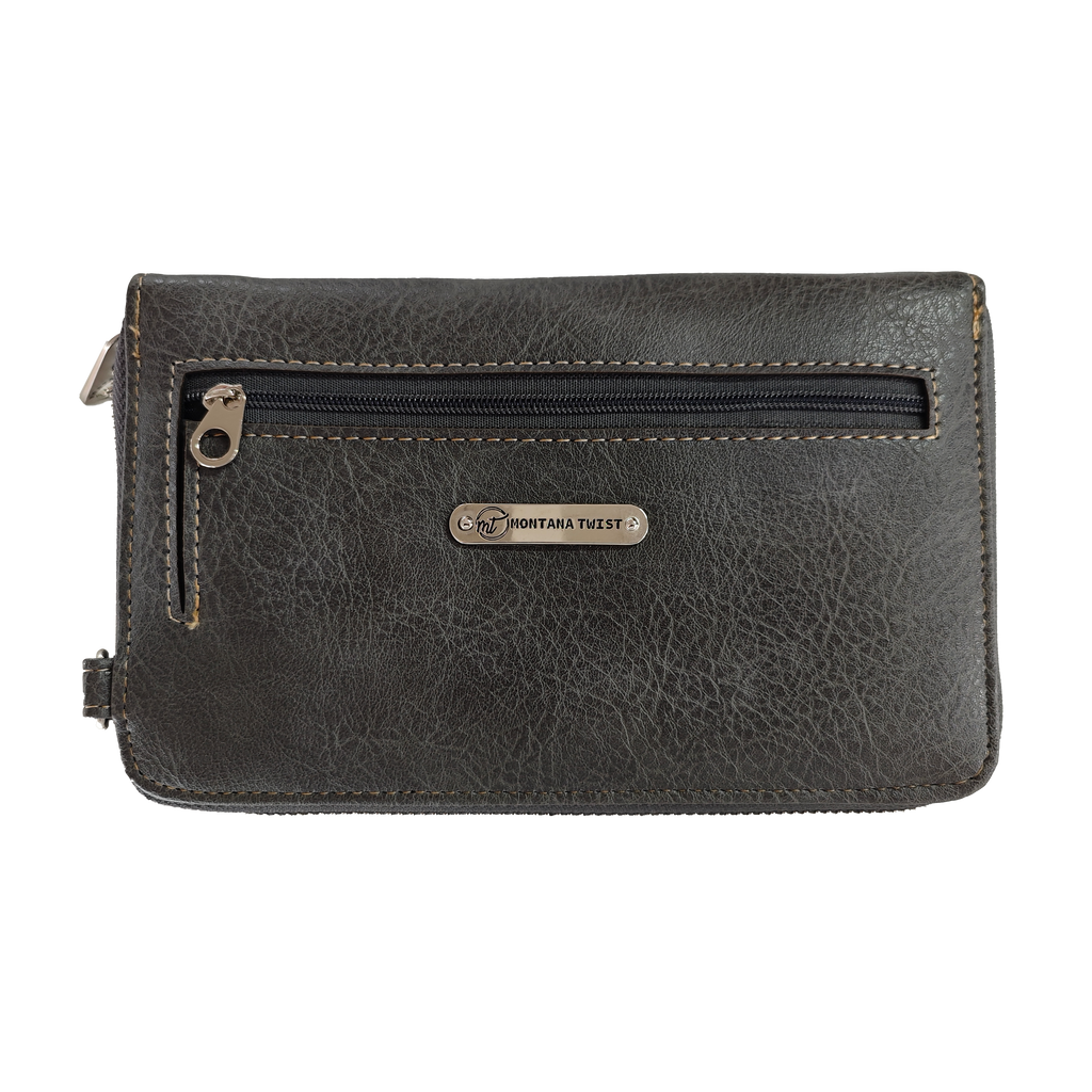 Montana Twist Grey Tooled PU Leather Laser-Engraved Embroidery Flower and Concho Crossbody Phone Bag