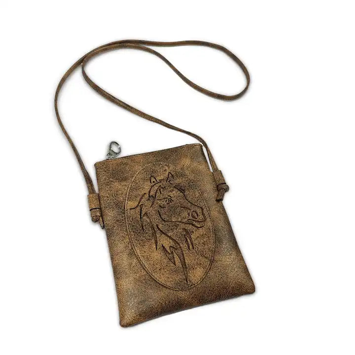 Montana Twist PU Leather Coffee Laser-Engraved Horse Crossbody Phone Bag