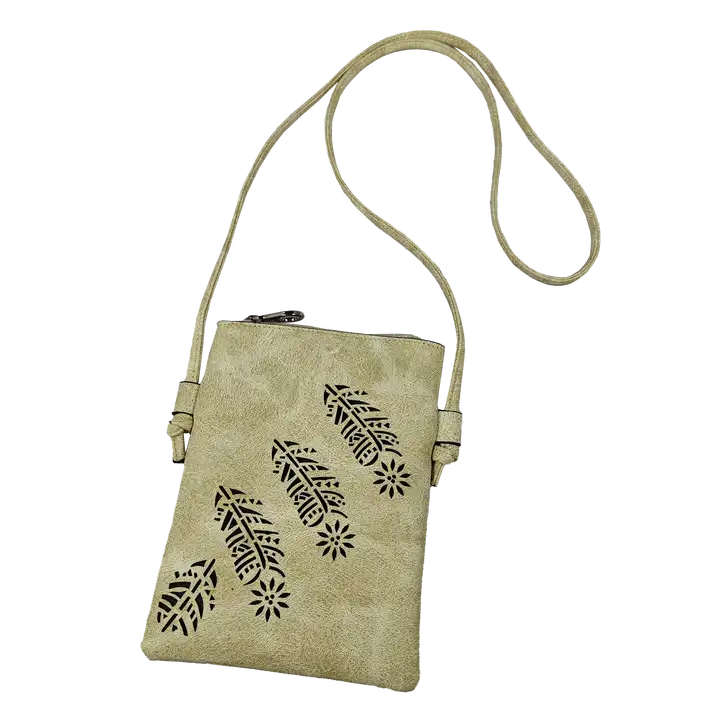 Montana Twist PU Leather Beige Laser-Engraved Feather Crossbody Phone Bag