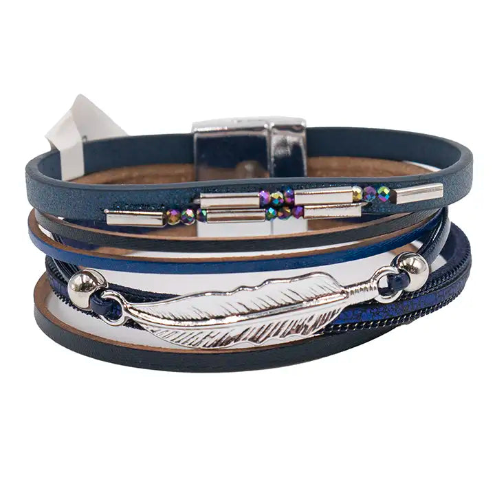 Multi-Layered Feather & Bead Magnetic Clasp Bracelet