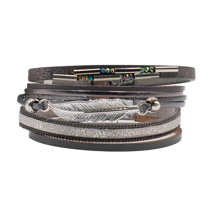 Multi-Layered Feather & Bead Magnetic Clasp Bracelet