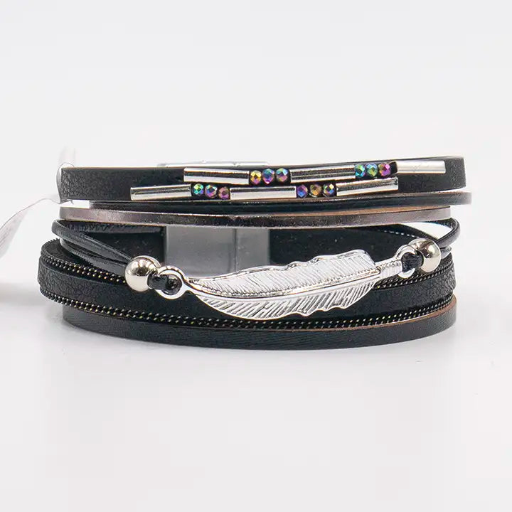 Multi-Layered Feather & Bead Magnetic Clasp Bracelet