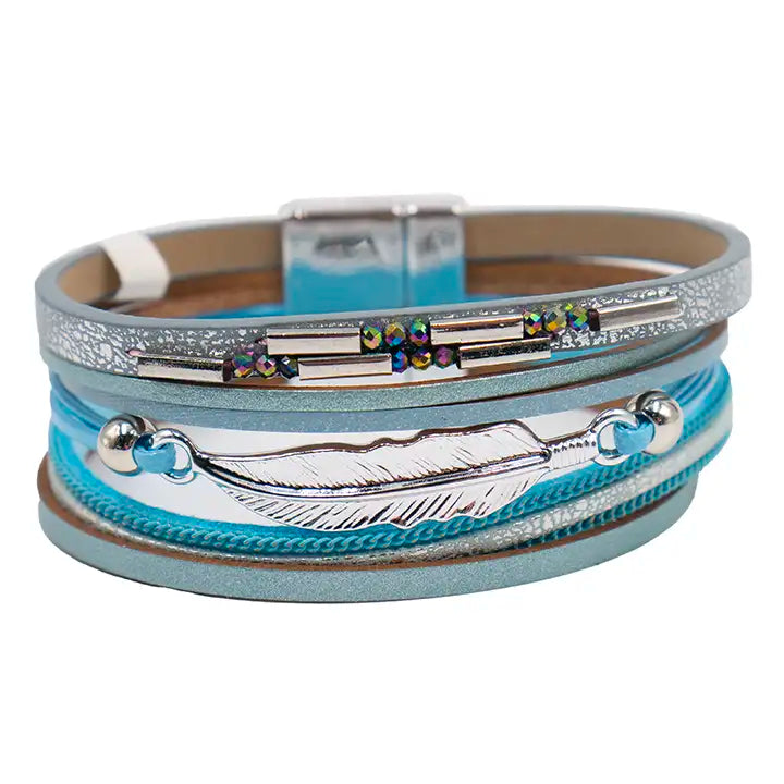 Multi-Layered Feather & Bead Magnetic Clasp Bracelet