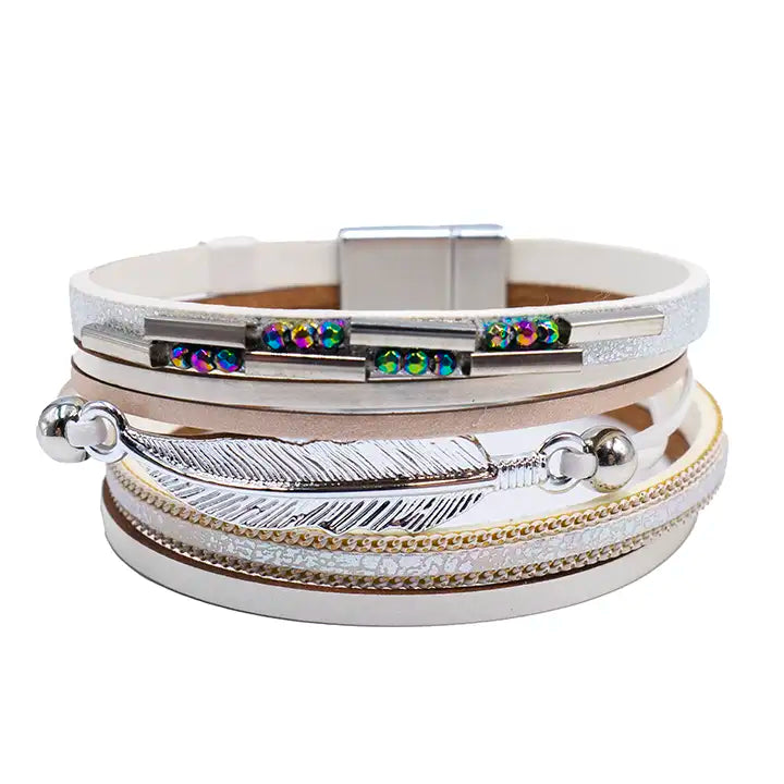 Multi-Layered Feather & Bead Magnetic Clasp Bracelet