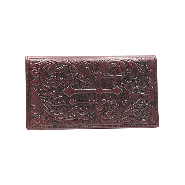 Genuine Leather Long Wallet - Three Crosses - Coffee