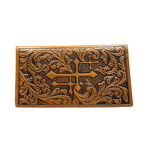 Genuine Leather Long Wallet - Three Crosses - Saddle Brown