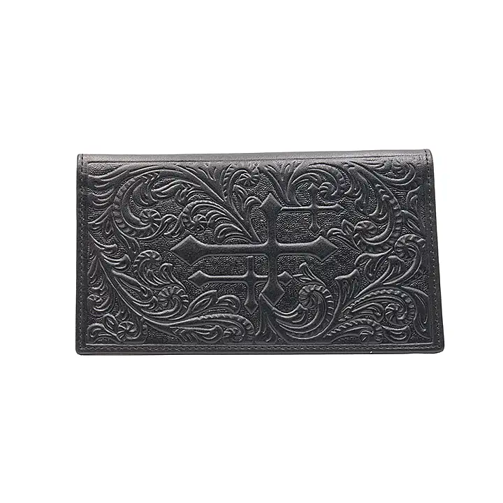Genuine Leather Long Wallet - Three Crosses - Black