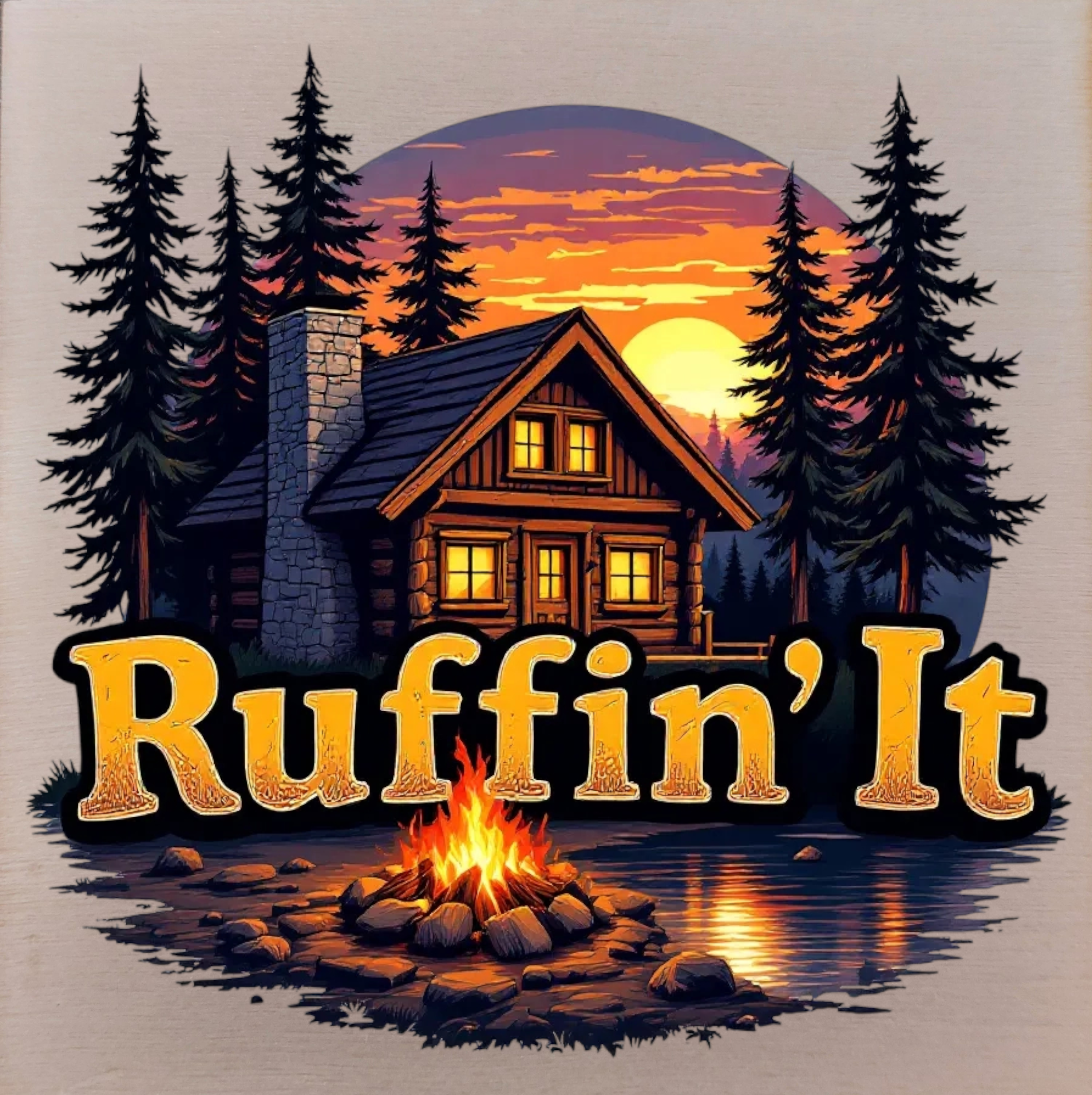 Ruffin' It - Magnet Featuring a Log Cabin & Campfire