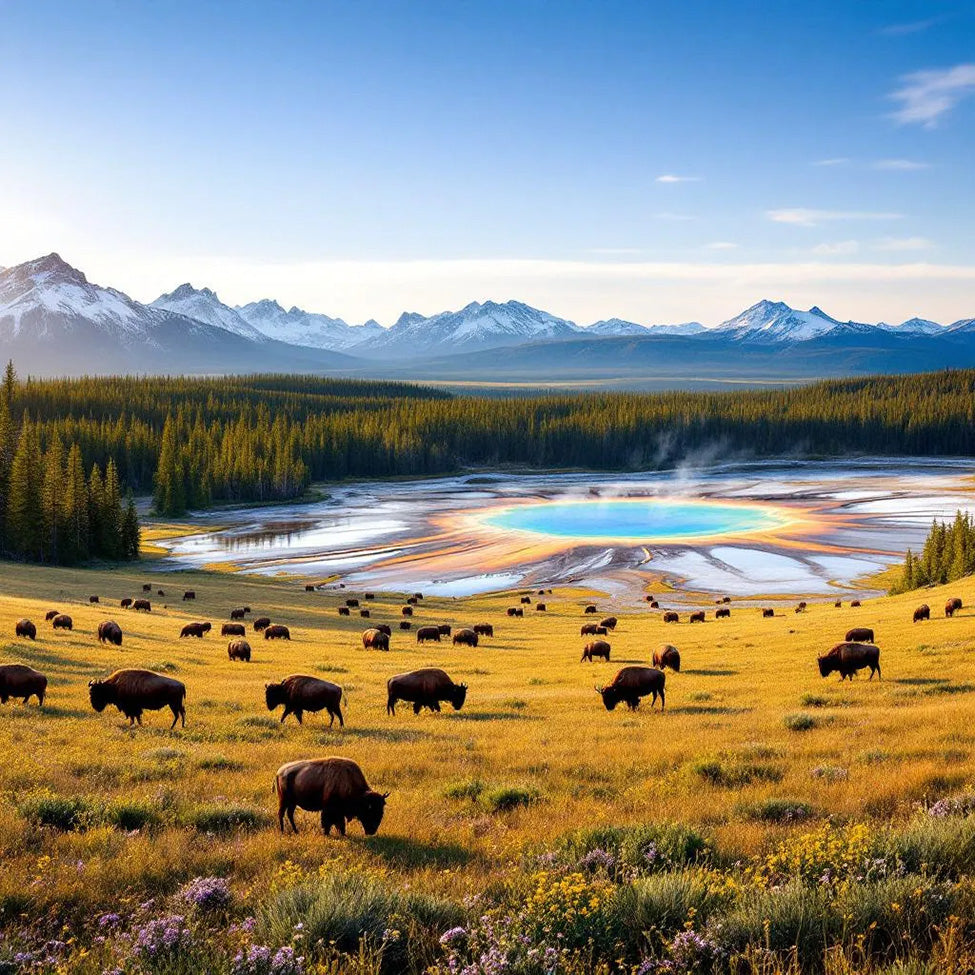 Large Geothermal Hot Pot surrounded by Grazing Bison, Yellowstone National Park - Magnet