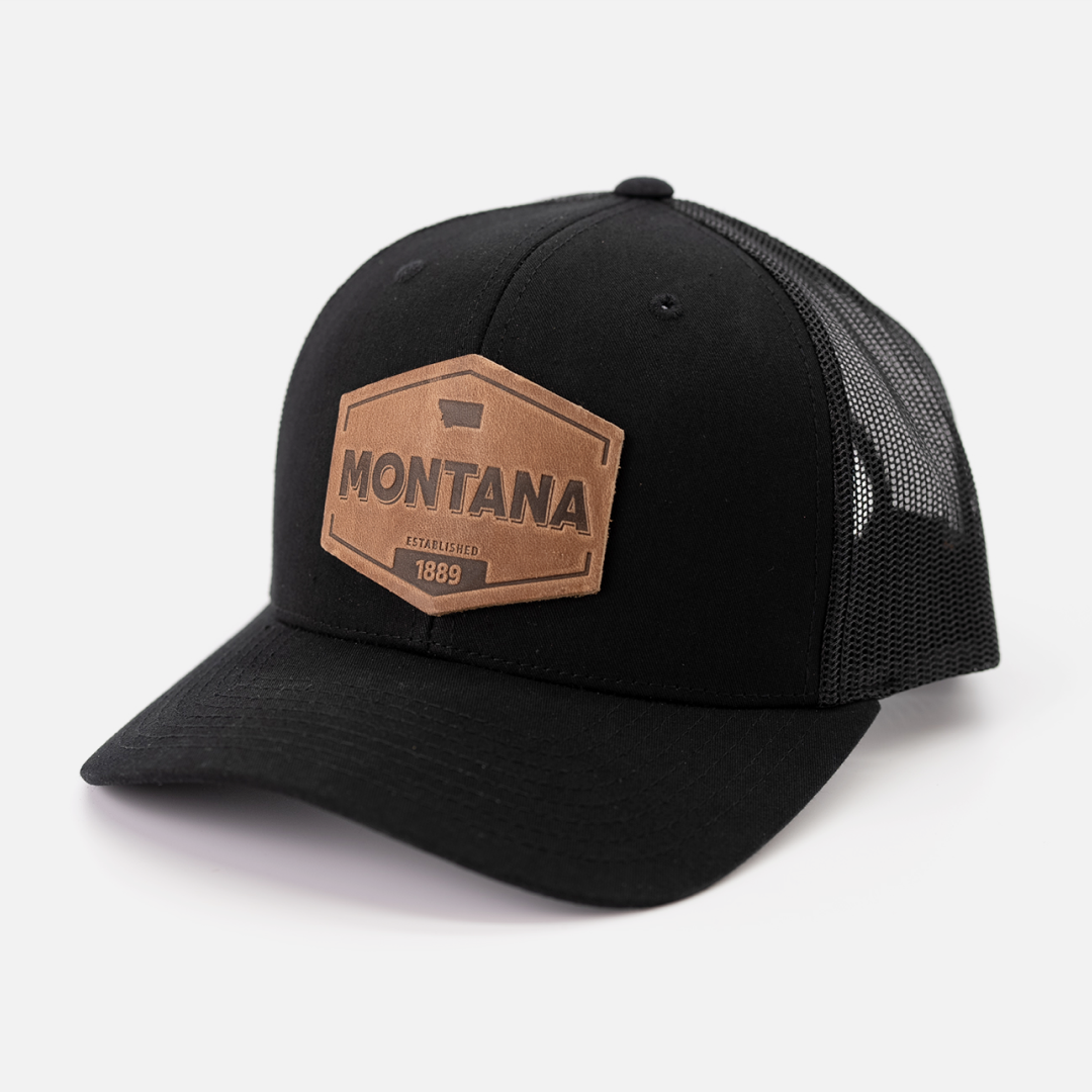 Montana Established Hat | Leather Patch Trucker Hat: Black