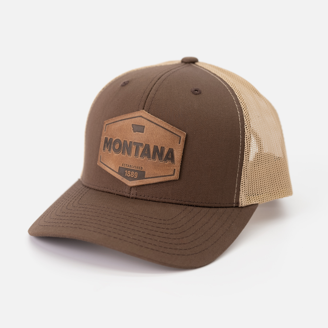 Montana Established Hat | Leather Patch Trucker Hat: Brown/Khaki