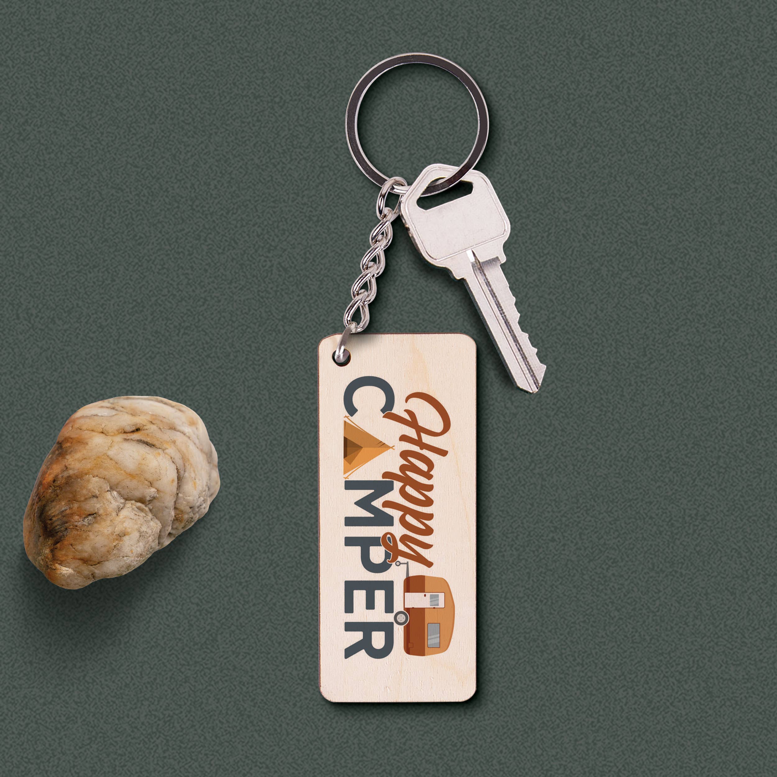 Happy Camper Maple Veneer Keychain