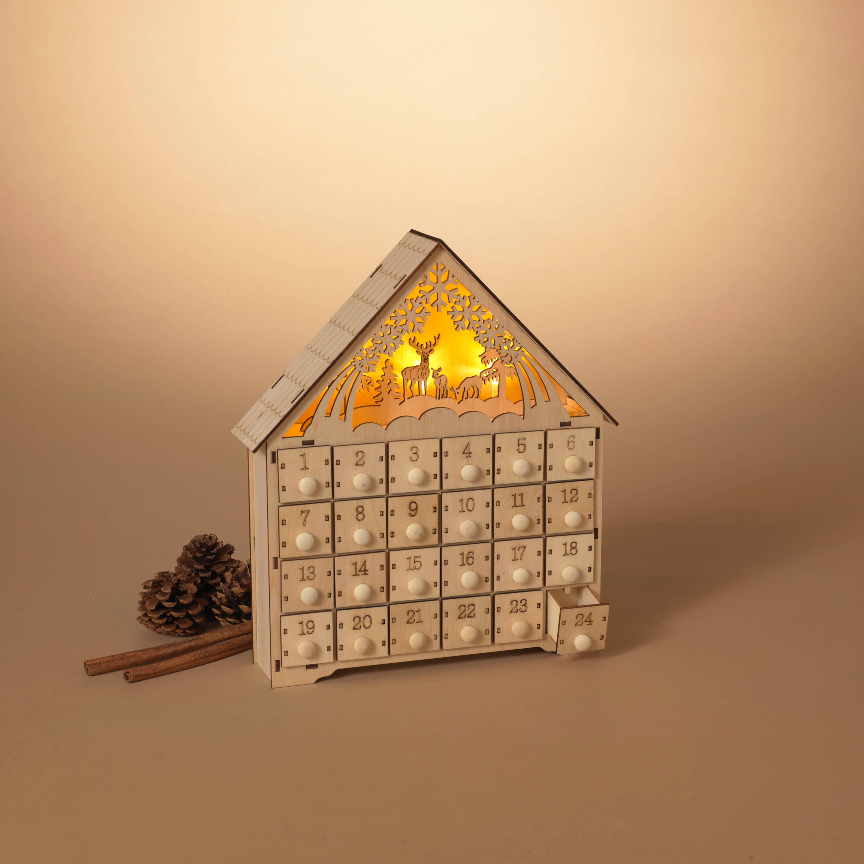 Holiday 11.8"H B/O Lighted Laser Cut Wood Winter Scene Advent Calendar