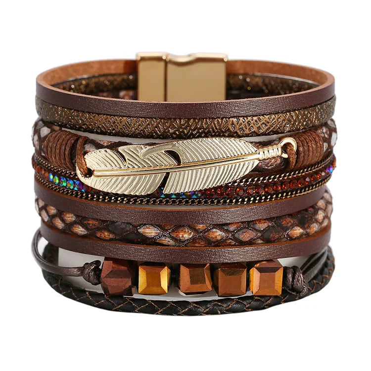 Multi-Layered Feather & Crystal Magnetic Clasp Bracelet