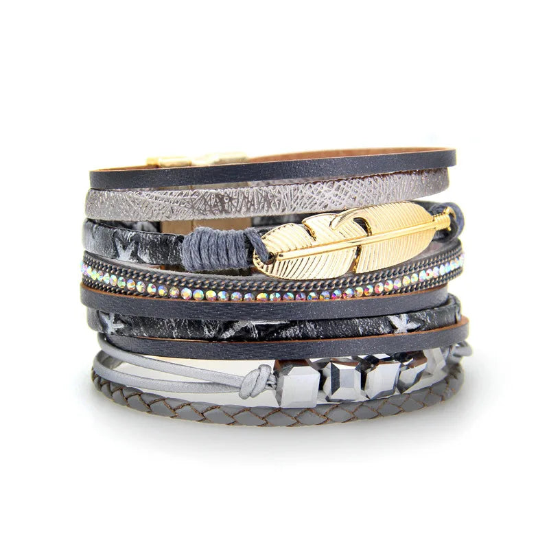 Multi-Layered Feather & Crystal Magnetic Clasp Bracelet