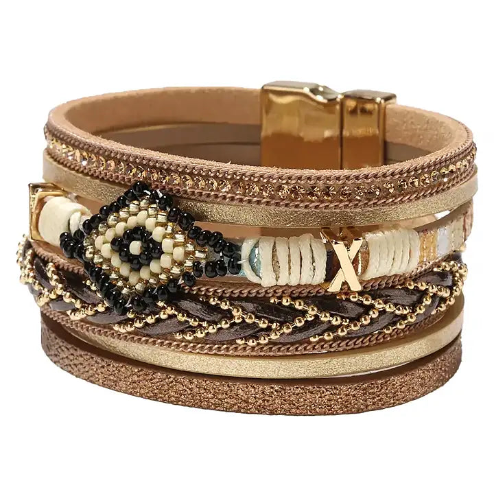 Multi-Layered Beaded Evil Eye Magnetic Clasp Bracelet