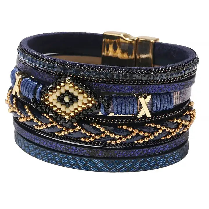 Multi-Layered Beaded Evil Eye Magnetic Clasp Bracelet