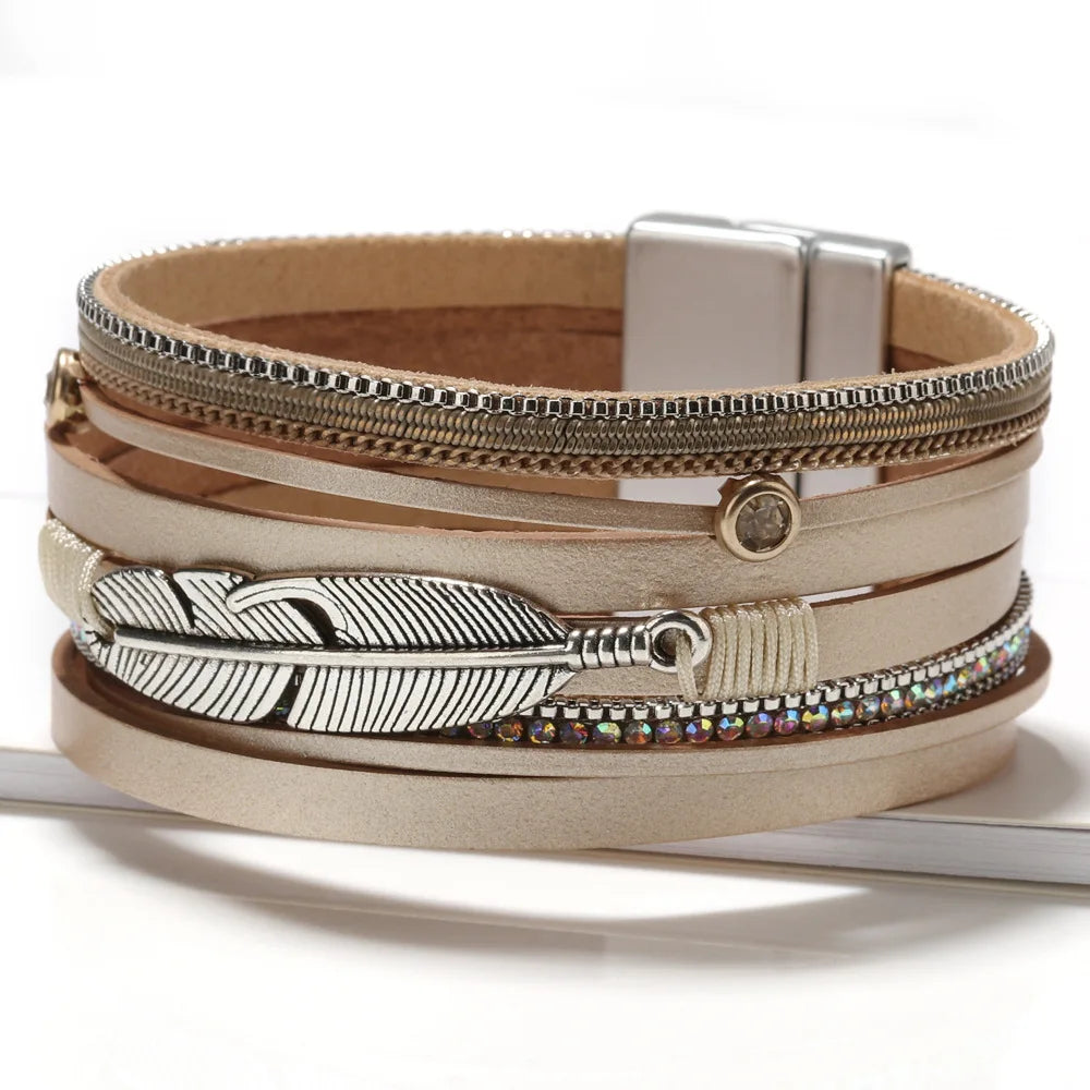 Multi-Layered Ethinic Feather Magnetic Clasp Bracelet