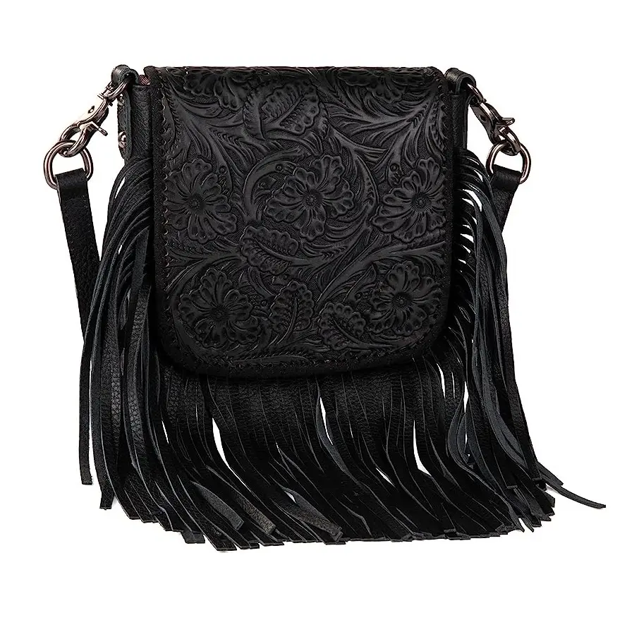 Montana Twist Genuine Leather Handbag with Tooled Front Flap - Black