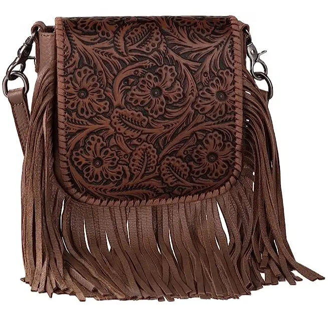 Montana Twist Genuine Leather Handbag with Tooled Front Flap - Brown