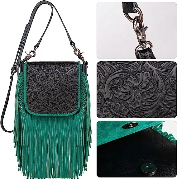 Montana Twist Genuine Leather Handbag with Tooled Front Flap - Turquoise