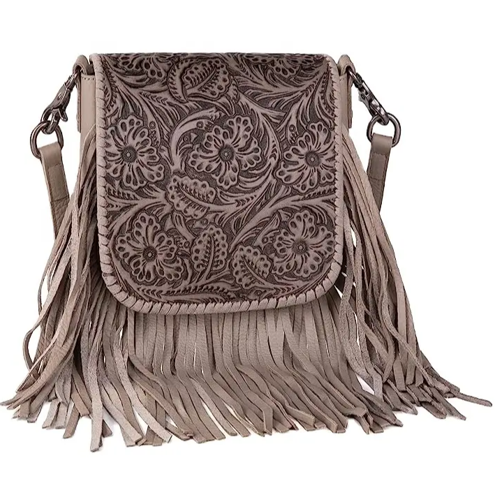 Montana Twist Genuine Leather Handbag with Tooled Front Flap - Beige